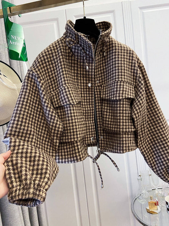 Damen Karo-Cropped-Jacke mit Stehkragen, Tunnelzug und elastischen Bündchen Shop Nory