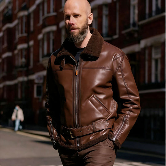 Herren Kunstleder-Fliegerjacke mit Teddyfutter, Reißverschlüssen und Stehkragen Shop Nory