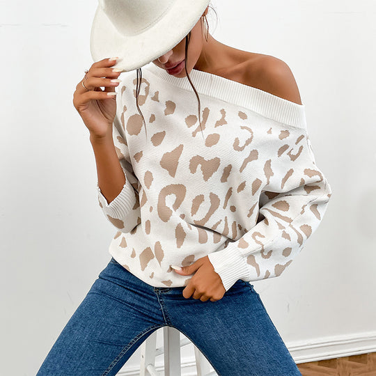 Damen Carmenpullover im Leoparden-Jacquard Oversize mit weitem Ausschnitt Shop Nory