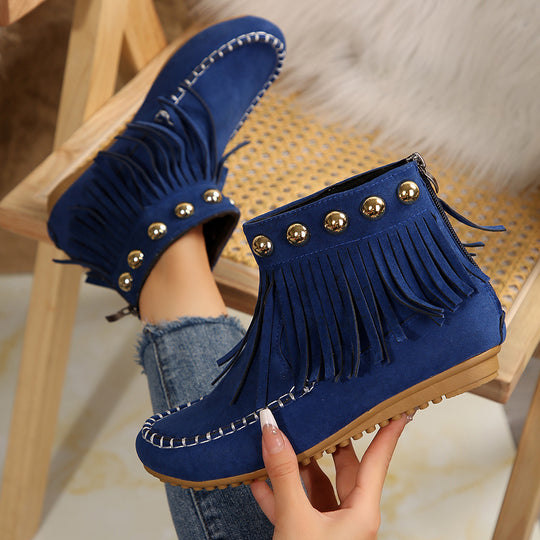 Damen Fransen-Mokassin-Stiefelette mit Ziernieten und Rückenreißverschluss Shop Nory