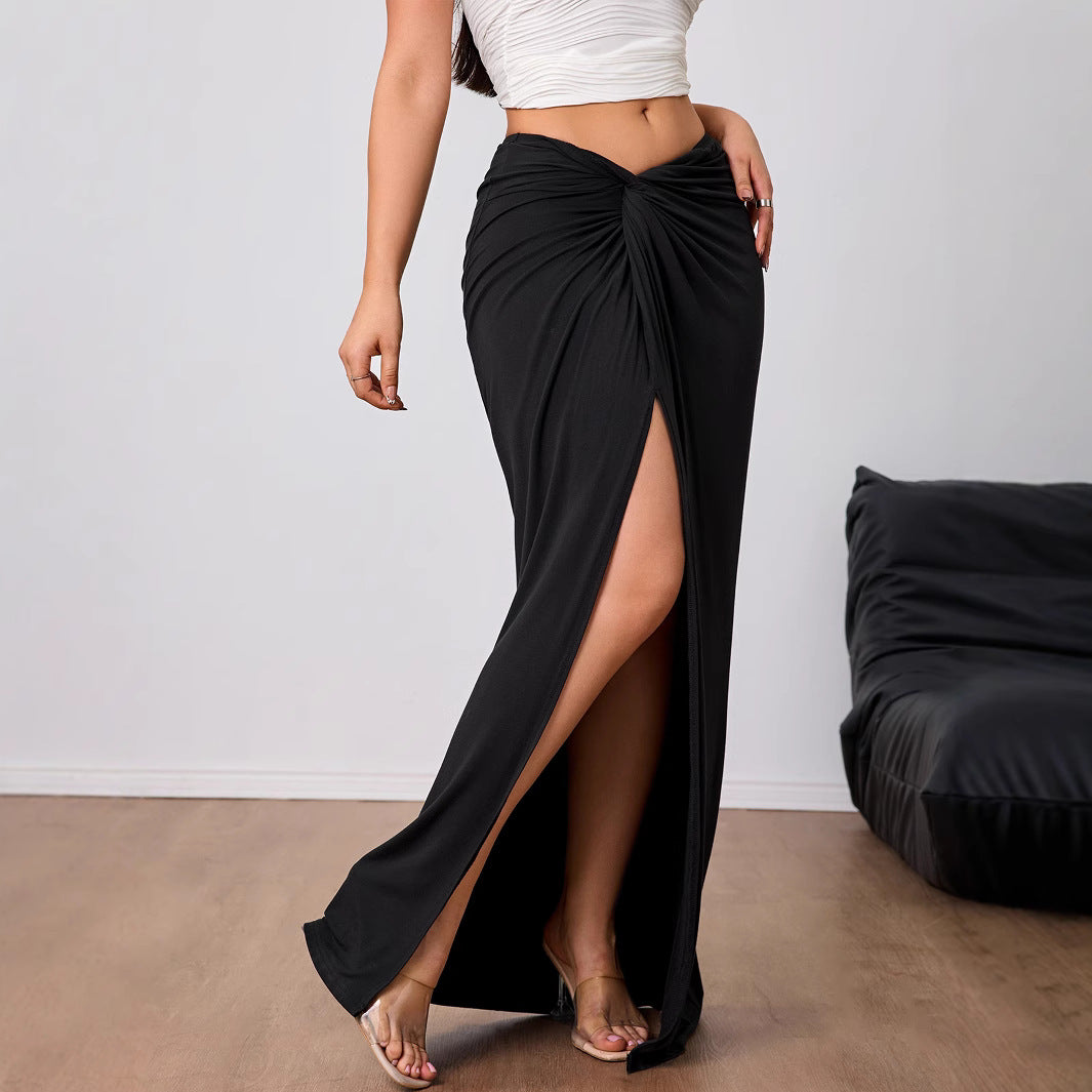 Damen Maxirock mit Twist-Knoten und Seitenschlitz hoher Bund elastischer Jersey Shop Nory
