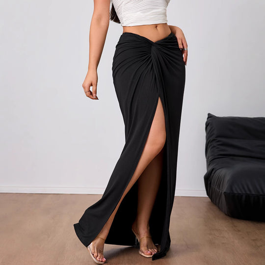 Damen Maxirock mit Twist-Knoten und Seitenschlitz hoher Bund elastischer Jersey Shop Nory
