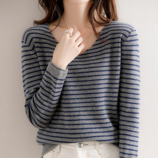 Damen Zarter Streifen-V‑Ausschnittpullover aus feinem Rippstrick mit weichem Fall Shop Nory