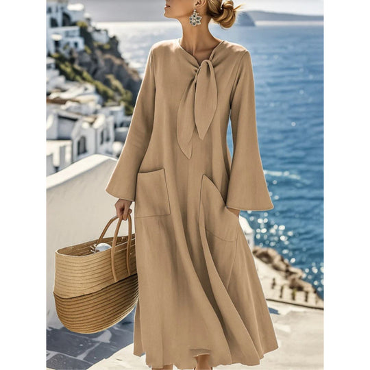 Damen Leichtes Maxikleid mit Bindeschleife, Glockenärmeln und aufgesetzten Taschen Shop Nory