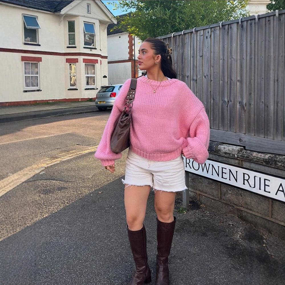 Damen Oversize Grobstrick-Pullover mit Ballonärmeln und breitem Rippenkragen Shop Nory