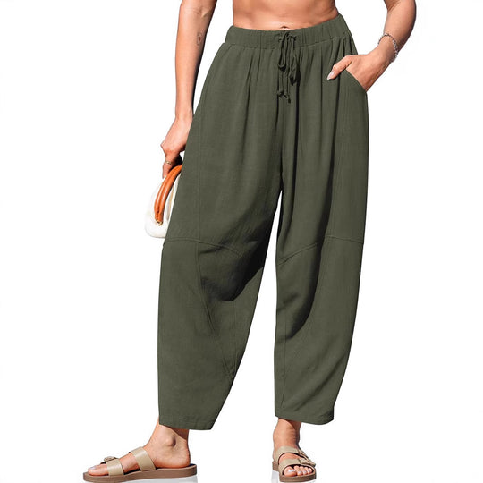 Damen Locker geschnittene Leinenhose mit weitem Bein und Kordelbund Shop Nory