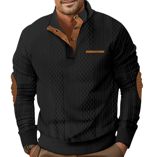 Herren Strukturiertes Kabelstrick-Sweatshirt mit Halbknopfblende, Kunstleder‑Patchtasche & Ellbogenpatches Shop Nory