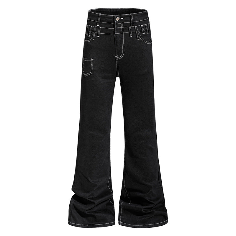 Damen hochgeschnittene Schlagjeans mit weitem Bein, Utility-Tasche und Kontrastnähten Shop Nory