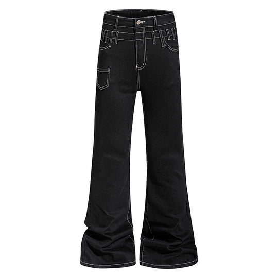 Damen hochgeschnittene Schlagjeans mit weitem Bein, Utility-Tasche und Kontrastnähten Shop Nory