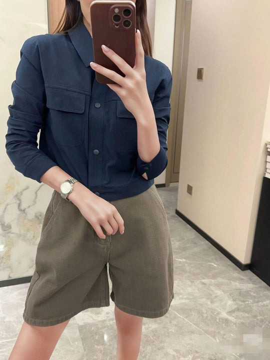 Damen Kurze Overshirt-Jacke aus strukturiertem Canvas mit Brusttaschen Shop Nory