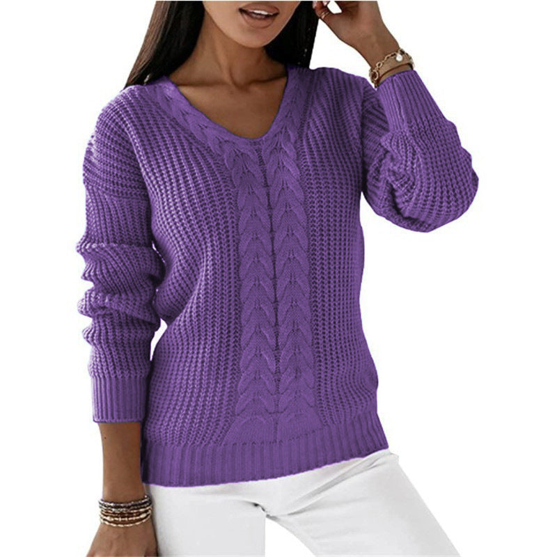Damen nan grob gestrickter V-Ausschnitt Pullover mit Zopfmuster und lockerer Silhouette Shop Nory