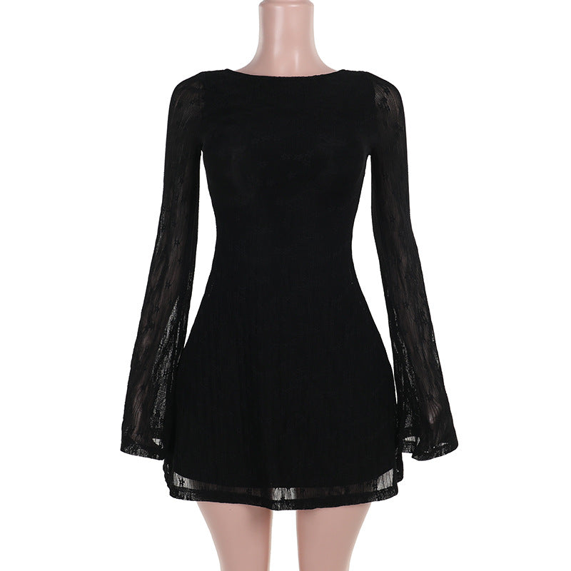 Damen A‑Linien‑Spitzenminikleid mit Bootneck, taillierter Silhouette und transparenten Glockenärmeln Shop Nory