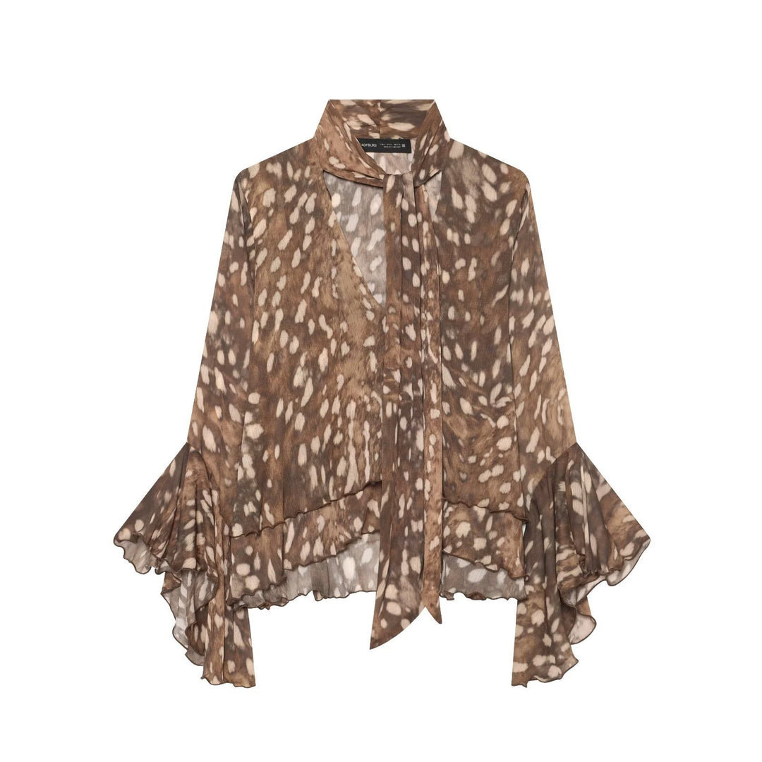 Damen Chiffon-Bluse mit Schluppe, V‑Ausschnitt und mehrlagigem Volantsaum Shop Nory