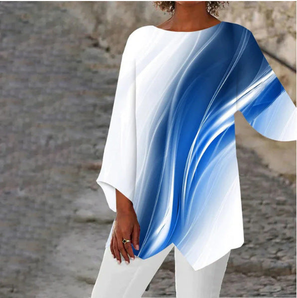 Damen asymmetrisches Langarmshirt mit Grafikdruck und Fledermausärmeln Shop Nory