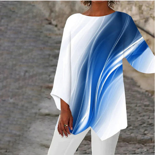 Damen asymmetrisches Langarmshirt mit Grafikdruck und Fledermausärmeln Shop Nory