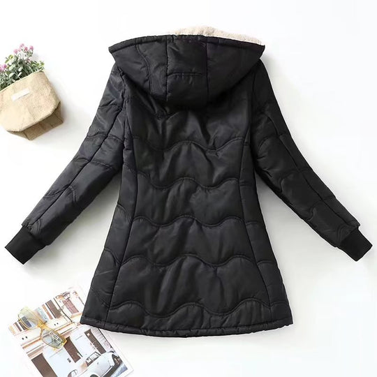 Damen A-Linien Steppmantel mit Kapuze Teddyfutter und Zweiwege-Reißverschluss Shop Nory