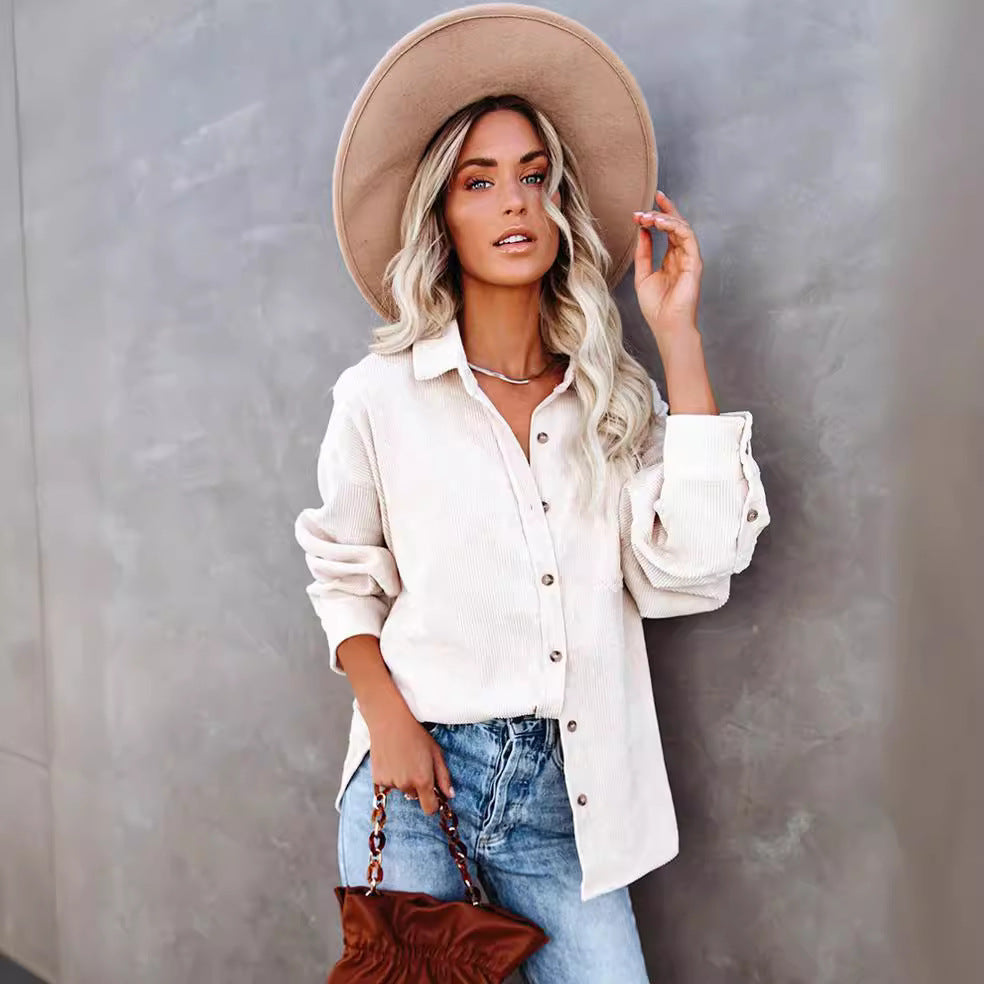 Damen Oversize Cordhemdjacke mit Brusttasche und durchgehender Knopfleiste Shop Nory