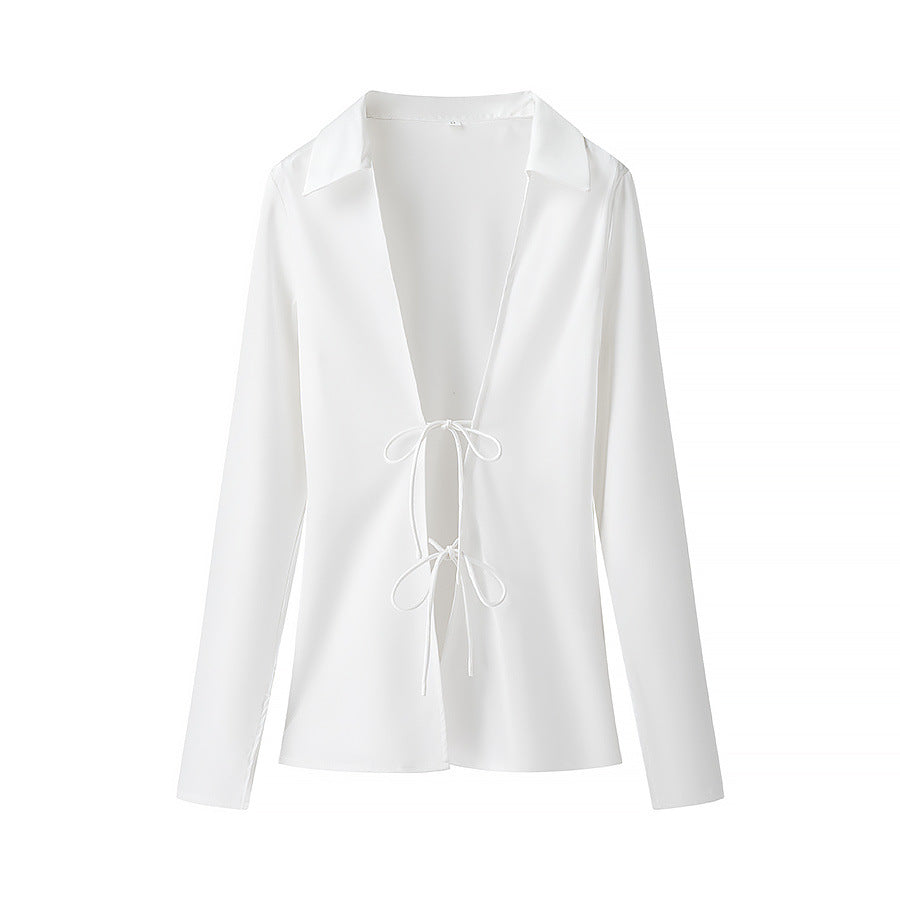 Damen Leichte Hemdbluse mit tiefem V-Ausschnitt und Doppelbindeschnüren Shop Nory
