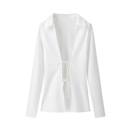 Damen Leichte Hemdbluse mit tiefem V-Ausschnitt und Doppelbindeschnüren Shop Nory