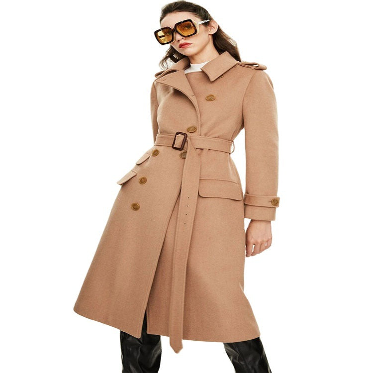 Damen taillierter A‑Linien Trenchcoat aus Woll‑Kaschmirmix mit Taillengürtel und Patten Shop Nory