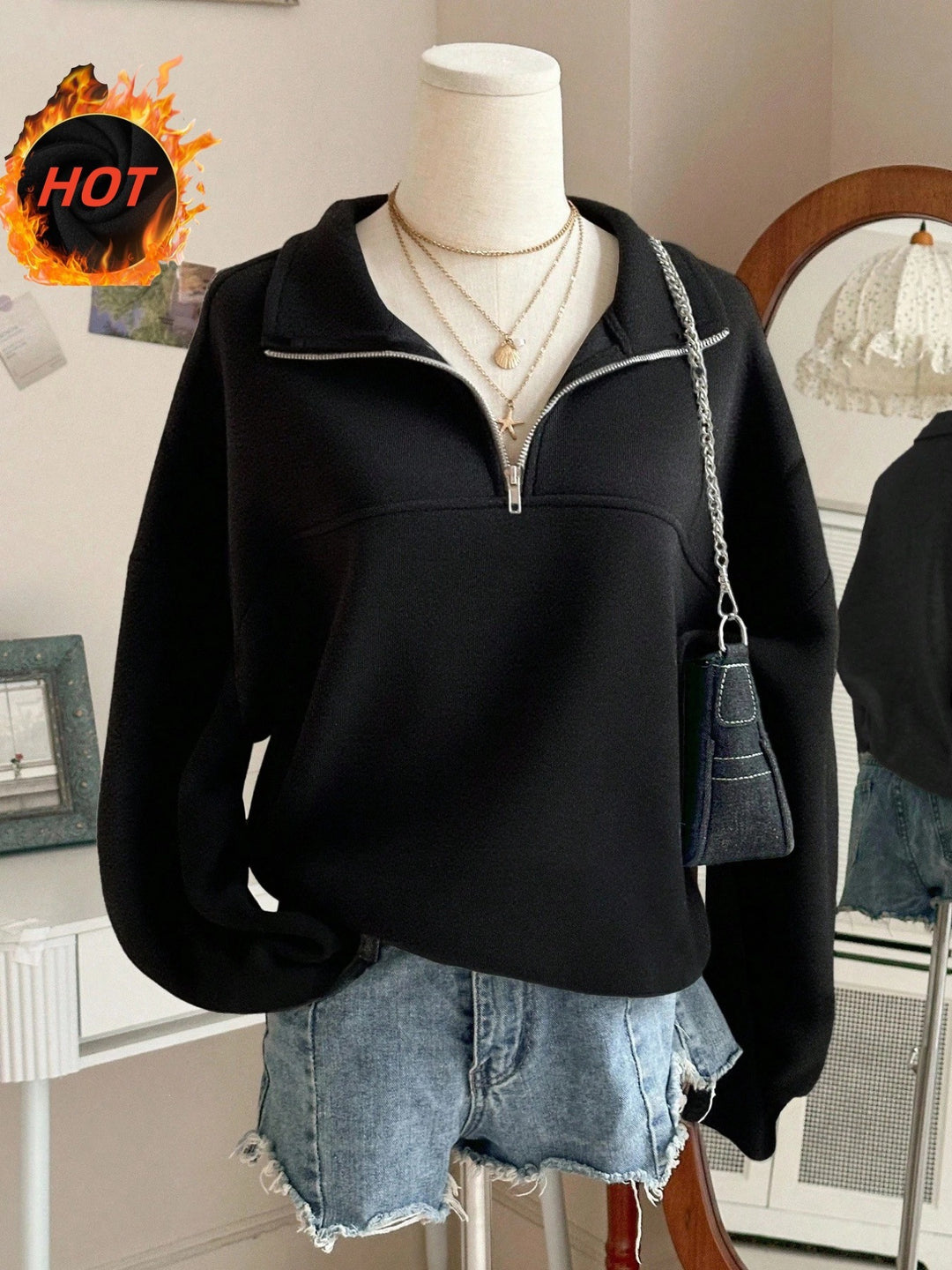 Damen nan Oversize Sweatshirt mit halbem Reißverschluss, Stehkragen und Ballonärmeln Shop Nory