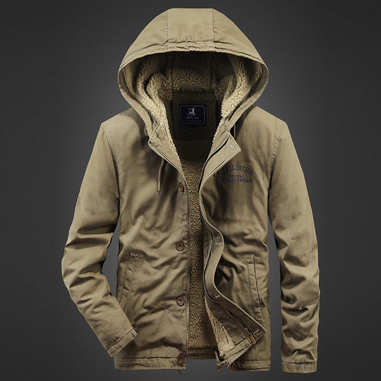 Herren Canvas-Kapuzenjacke mit Sherpa‑Fütterung, verdecktem Zweiwege‑Reißverschluss und Utility‑Details Shop Nory