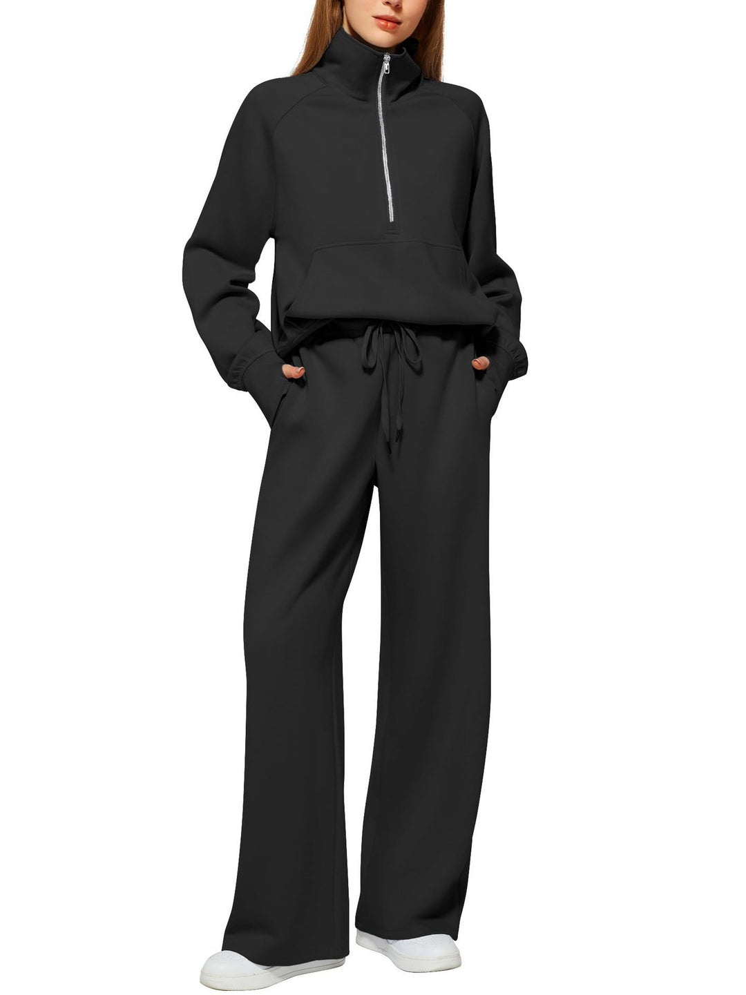 Damen nan halbzip Lounge-Set mit hohem Stehkragen, Kängurutasche und weiten Highwaist-Jogginghose Shop Nory