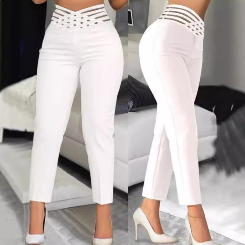 Damen Hochtaillierte Stretch-Hose mit transparentem Gummibund Shopnory