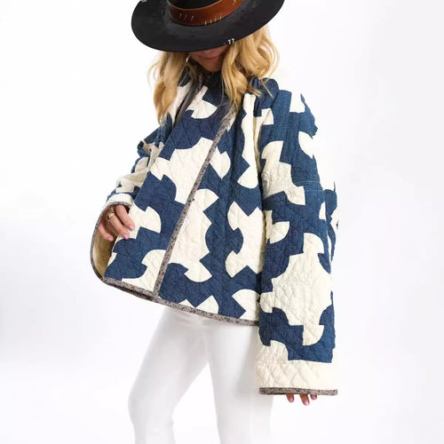 Damen Gequiltete Oversize-Jacke mit Patchworkmuster und weiter Kimono-Ärmel Shop Nory