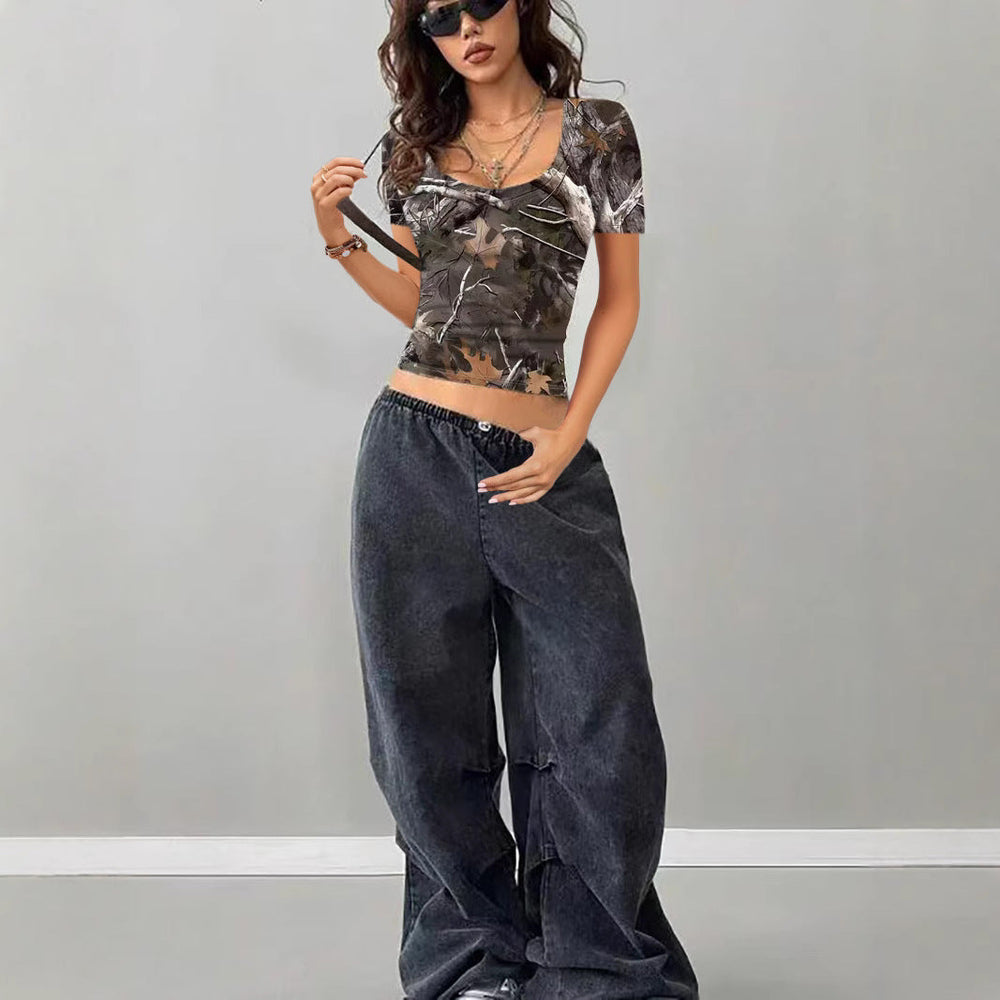 Damen Camouflage T-Shirt mit modischem V-Ausschnitt Shopnory