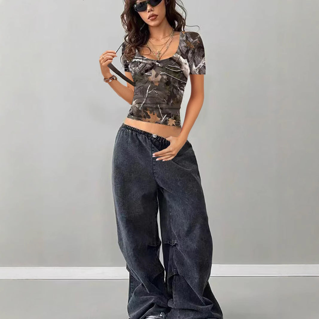 Damen Camouflage T-Shirt mit modischem V-Ausschnitt Shopnory