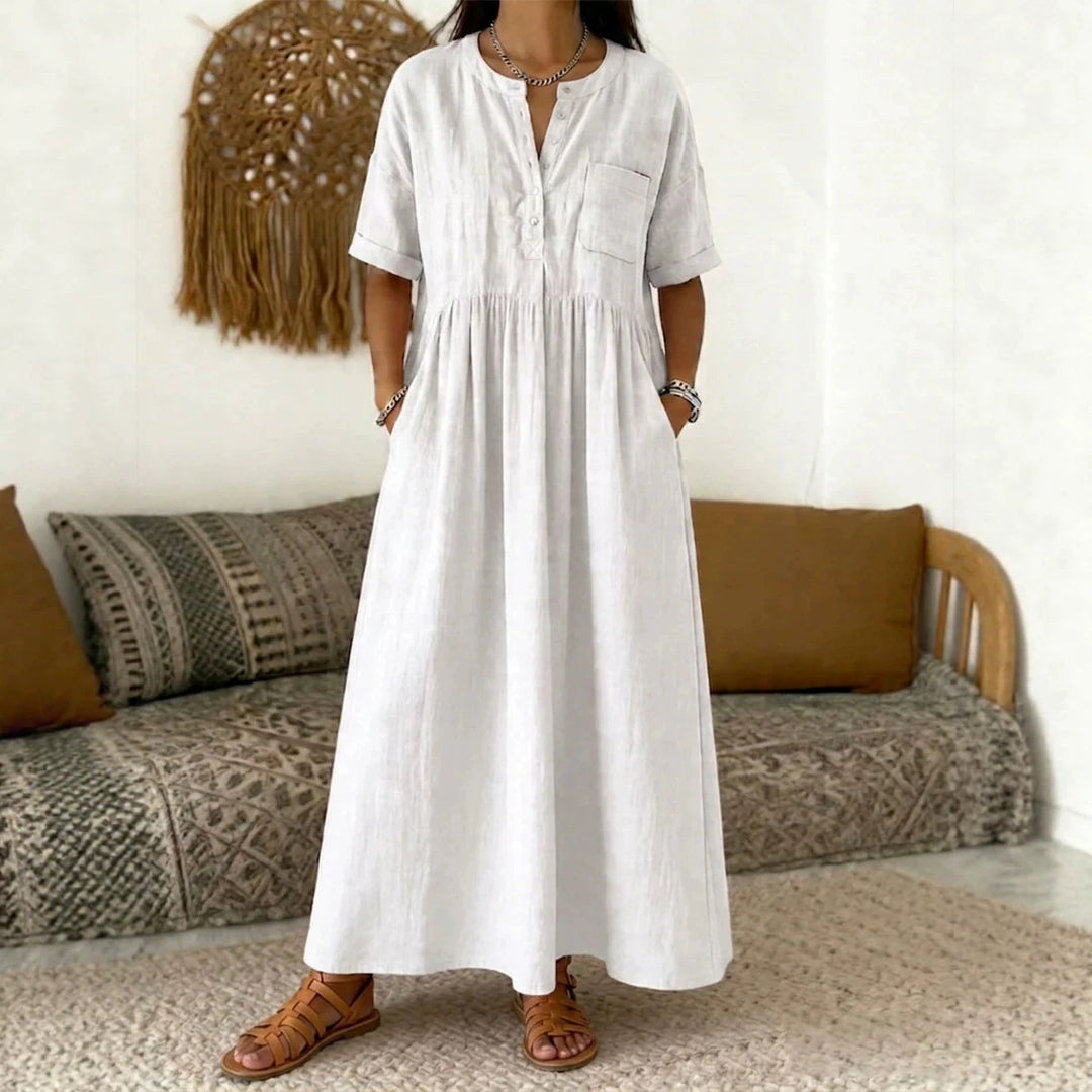 Damen Langes Boho‑Maxikleid mit Henley‑Knopfleiste, Brusttasche und seitlichen Eingrifftaschen Shop Nory