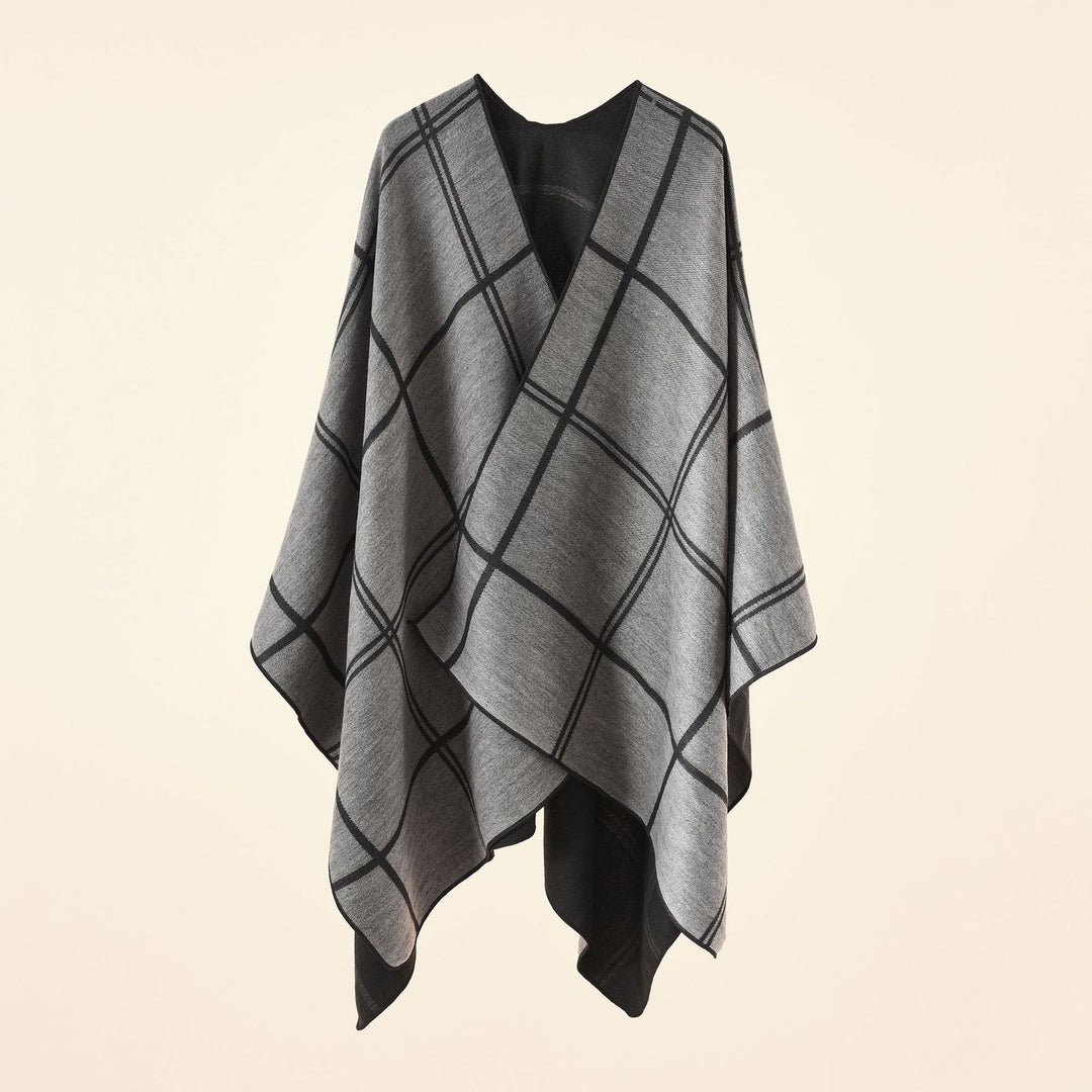Damen Leichter Karierter Wollmix-Ruana Poncho mit V-Ausschnitt Shop Nory