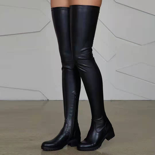 Damen Overknee-Stiefel aus Stretch-Kunstleder mit seitlichem Reißverschluss und robuster Profilsohle Shop Nory