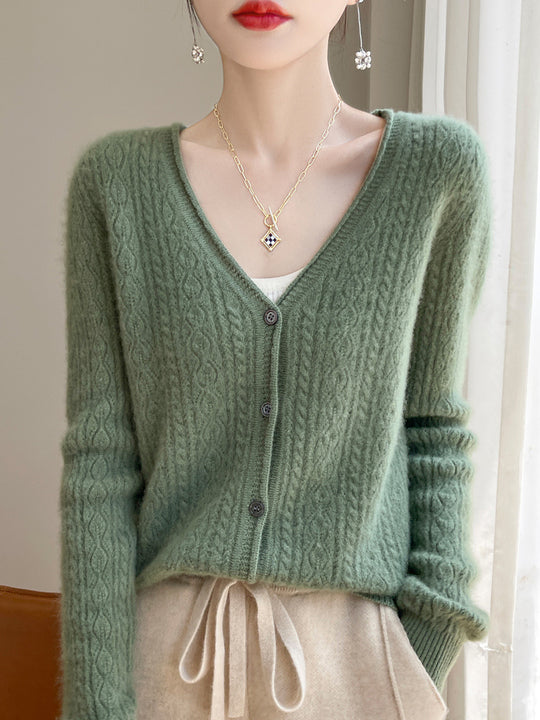 Damen Kurzer Zopfmuster-Cardigan im Mohair-Look mit V‑Ausschnitt und gerippten Bündchen Shop Nory