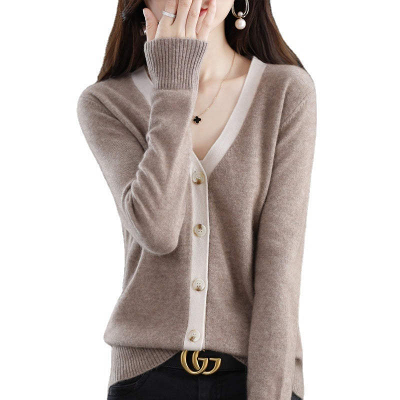 Damen Kontrastbesetzter V‑Neck-Feinstrickcardigan mit Perlmuttknöpfen Shop Nory