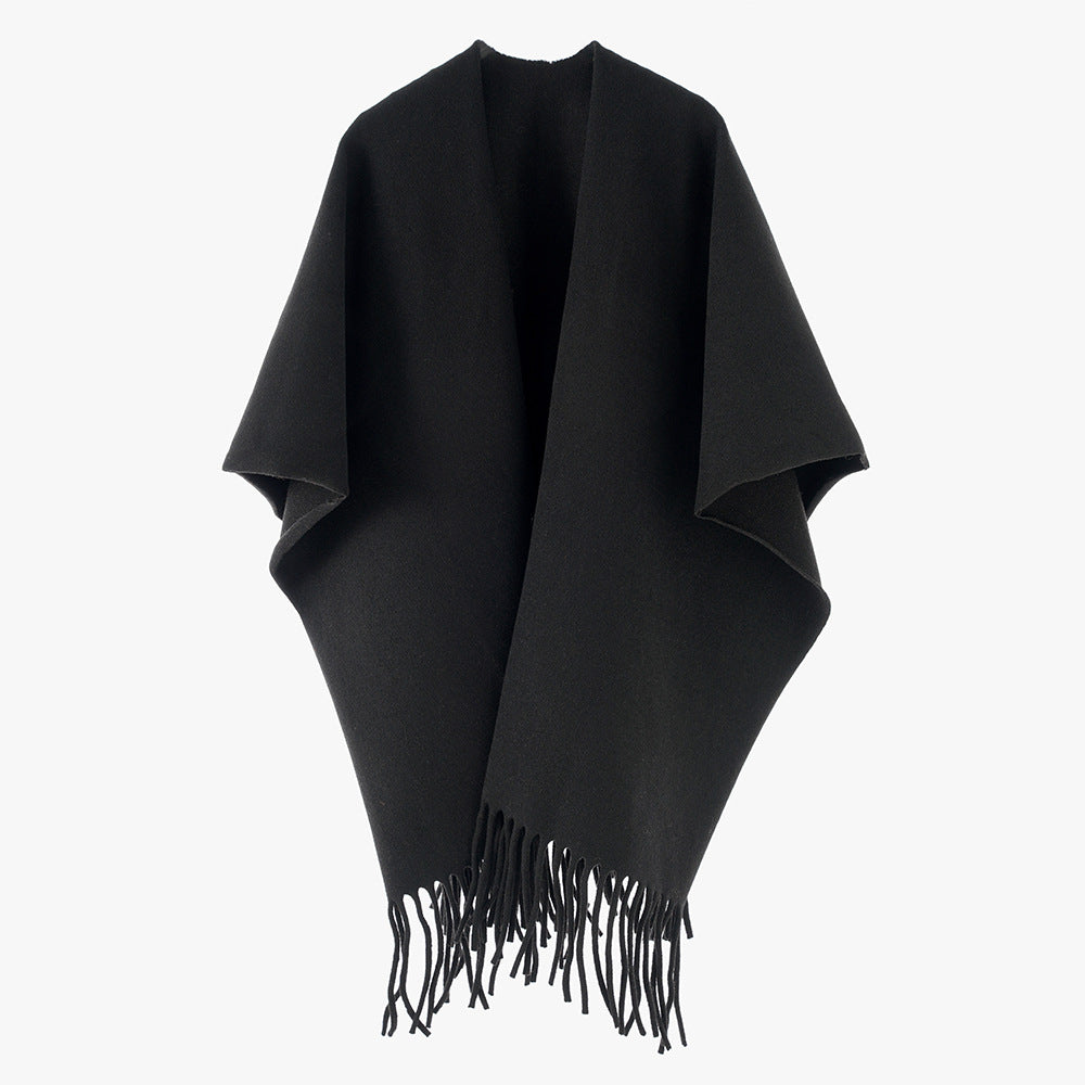 Damen Minimalistischer Wollcape-Überwurf mit Fransensaum und offenem Fall Shop Nory