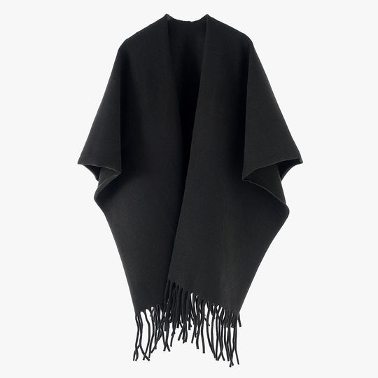 Damen Minimalistischer Wollcape-Überwurf mit Fransensaum und offenem Fall Shop Nory