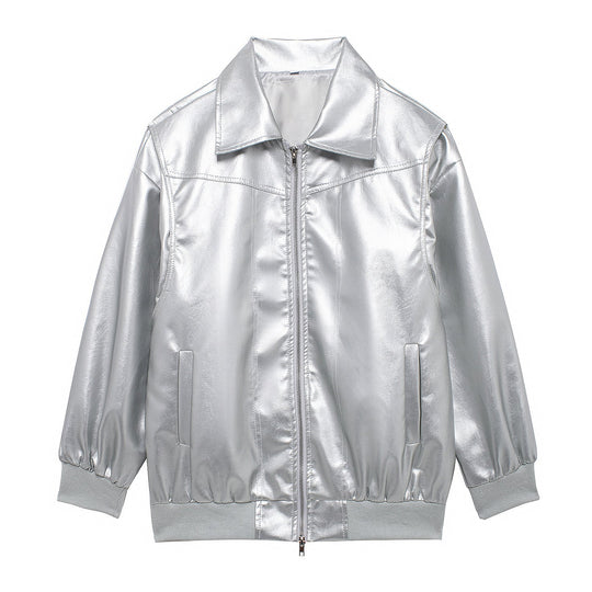 Damen Kunstlederjacke mit elastischen Bündchen und hochschließendem Kragen