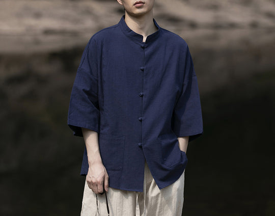 Herren Oversize Hemd im Kimono-Stil aus Leinen-Baumwollmix mit Stehkragen Shop Nory