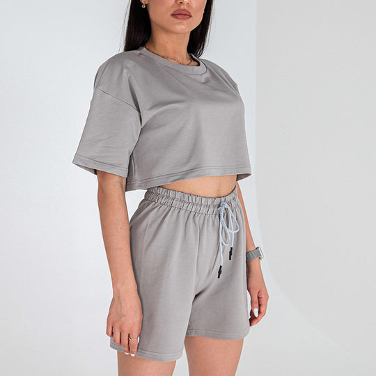 Damen Zweiteiliges Cropped-Lounge-Set aus Baumwolljersey mit elastischer Kordelzug-Shorts Shop Nory