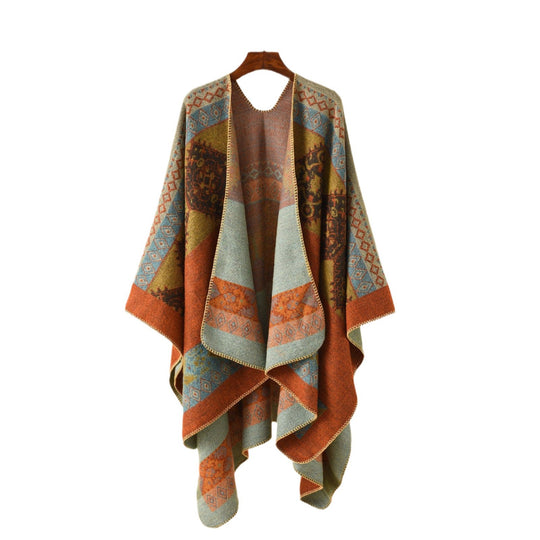 Damen Jacquard-Poncho im Deckenstil mit offener Front und Zierstich Shop Nory