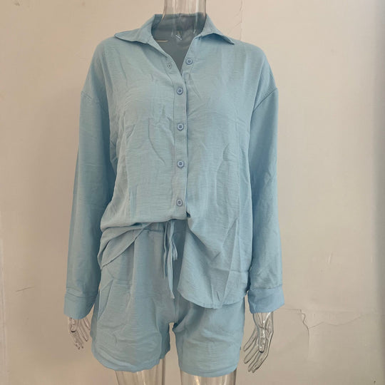 Damen Leinenoptik dreiteiliges Sommer-Lounge-Set mit Oversize-Hemd Cropped-Top und High-Waist-Shorts Shop Nory