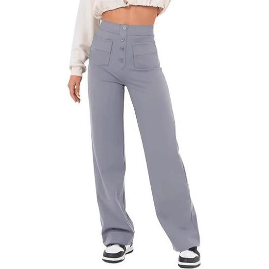 Damen Hochtaillierte weite Hose mit Knopfleiste und aufgesetzten Taschen Shop Nory