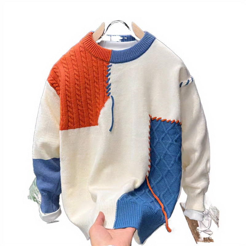 Unisex Patchwork-Oversize-Strickpullover mit Zopf- und Rautenmuster, dekorativen Kontrastnähten und Rundhalsausschnitt Shop Nory