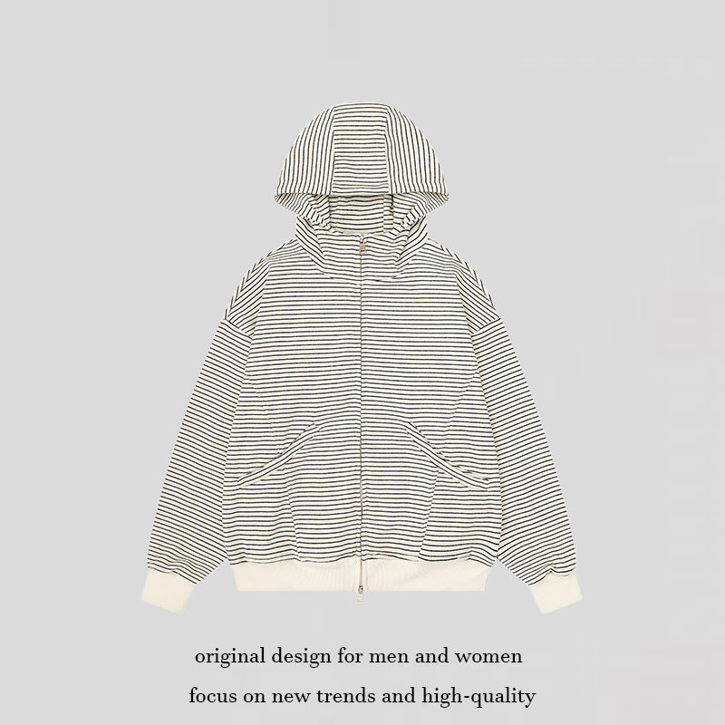 Unisex Gestreifte Kapuzen-Sweatjacke mit Reißverschluss und Kängurutaschen Shop Nory