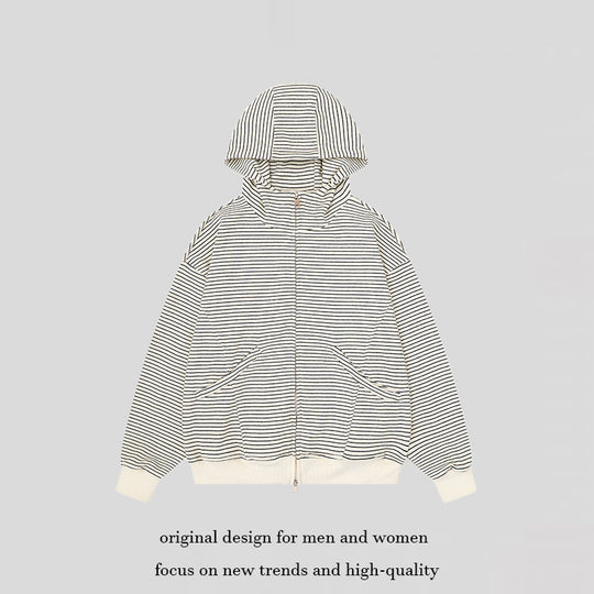 Unisex Gestreifte Kapuzen-Sweatjacke mit Reißverschluss und Kängurutaschen Shop Nory