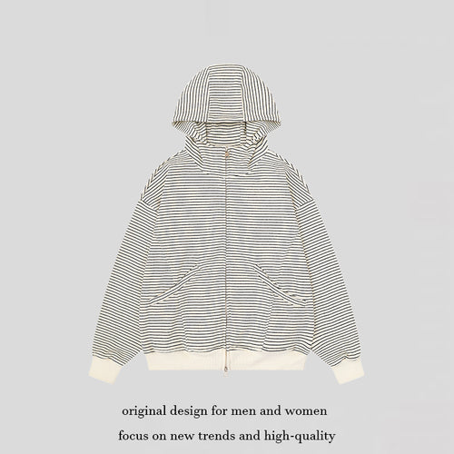 Unisex Gestreifte Kapuzen-Sweatjacke mit Reißverschluss und Kängurutaschen Shop Nory