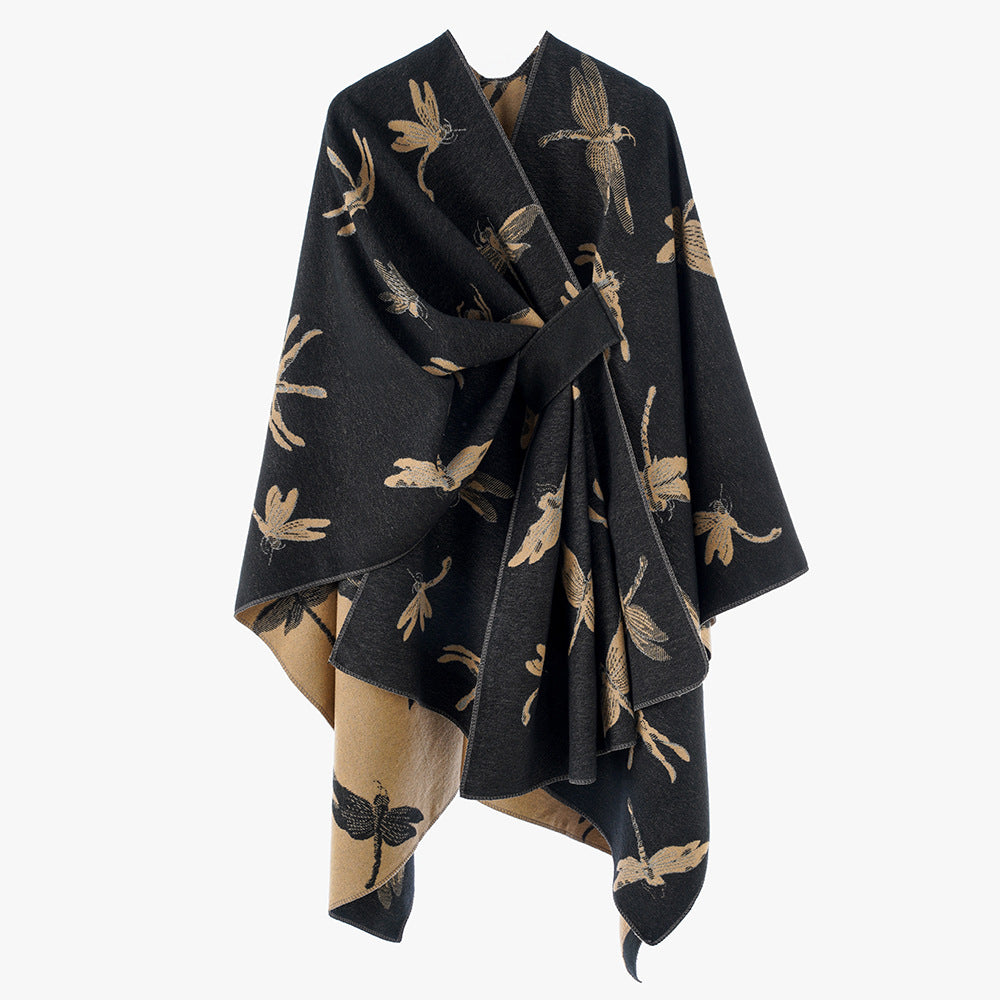 Damen Kaschmirähnlicher Jacquard‑Cape mit Libellen‑Motiv und Bindegürtel Shop Nory