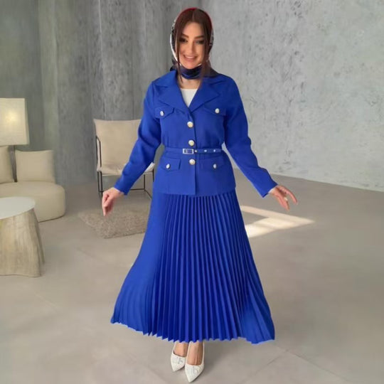 Damen Taillierter Blazer mit Gürtel und Plissierter Maxirock Set Shop Nory